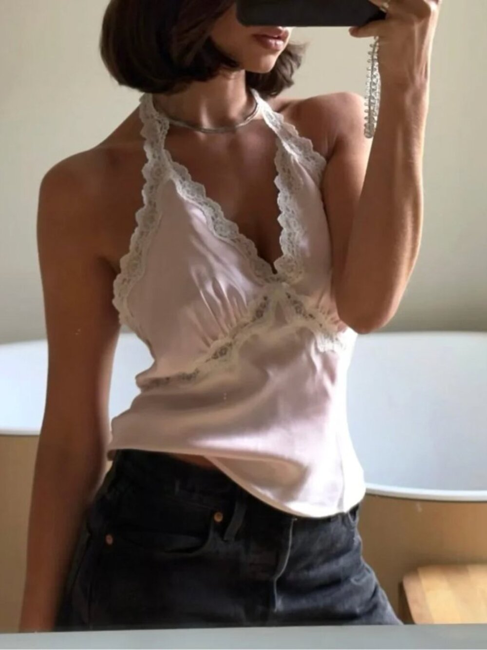 Reformation Monica Silk Top - Cherry Blossom Pink Halter Classic Lace